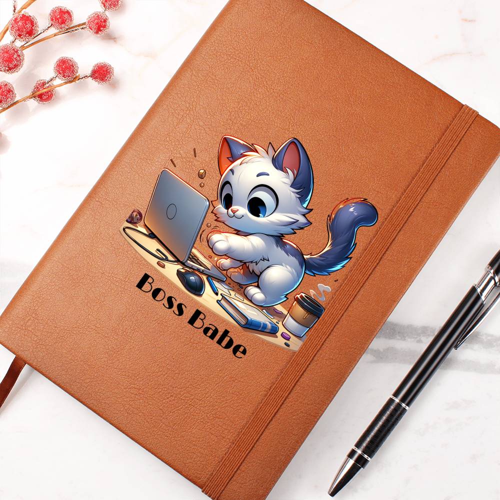 "Boss Babe Leather Journal – Cute Design with Laptop & Coffee"