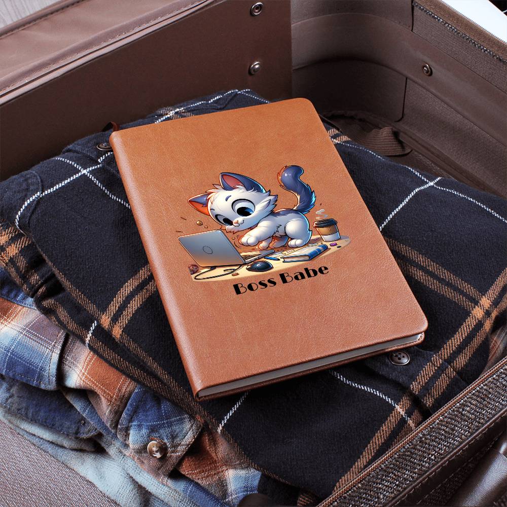 "Boss Babe Leather Journal – Cute Design with Laptop & Coffee"