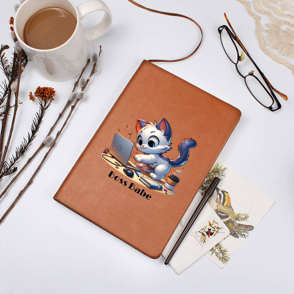 "Boss Babe Leather Journal – Cute Design with Laptop & Coffee"