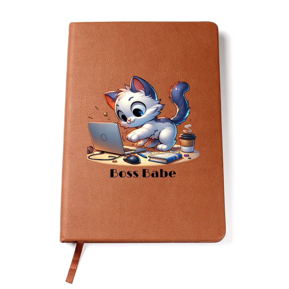 "Boss Babe Leather Journal – Cute Design with Laptop & Coffee"