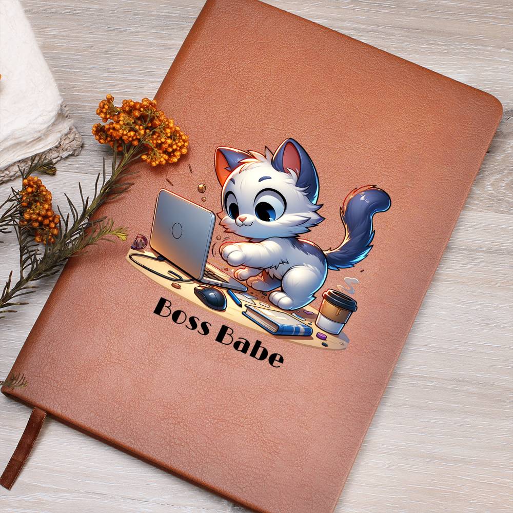 "Boss Babe Leather Journal – Cute Design with Laptop & Coffee"