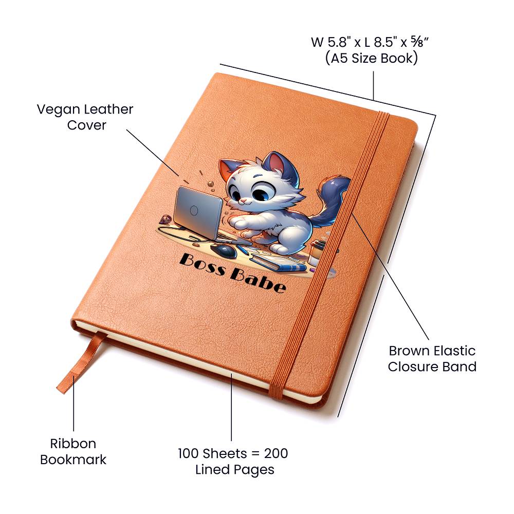 "Boss Babe Leather Journal – Cute Design with Laptop & Coffee"