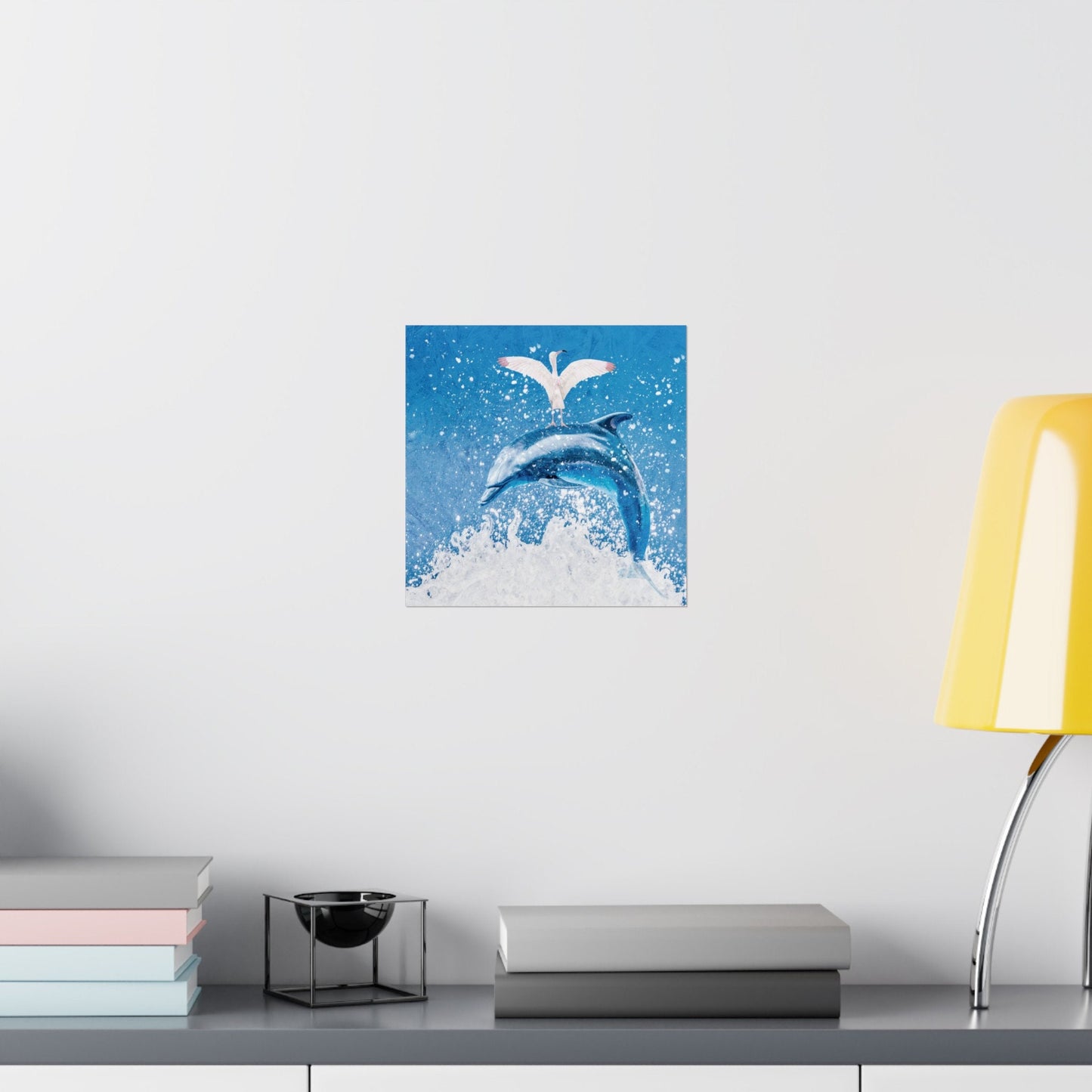 Square Matte Vertical Posters, Finn & Feathers Go Surfing, Dorm Rooms, College, office, airbnb, beach house, bathroom, dolphin, flamingo