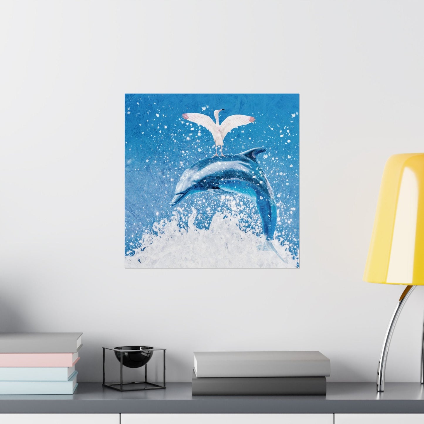 Square Matte Vertical Posters, Finn & Feathers Go Surfing, Dorm Rooms, College, office, airbnb, beach house, bathroom, dolphin, flamingo