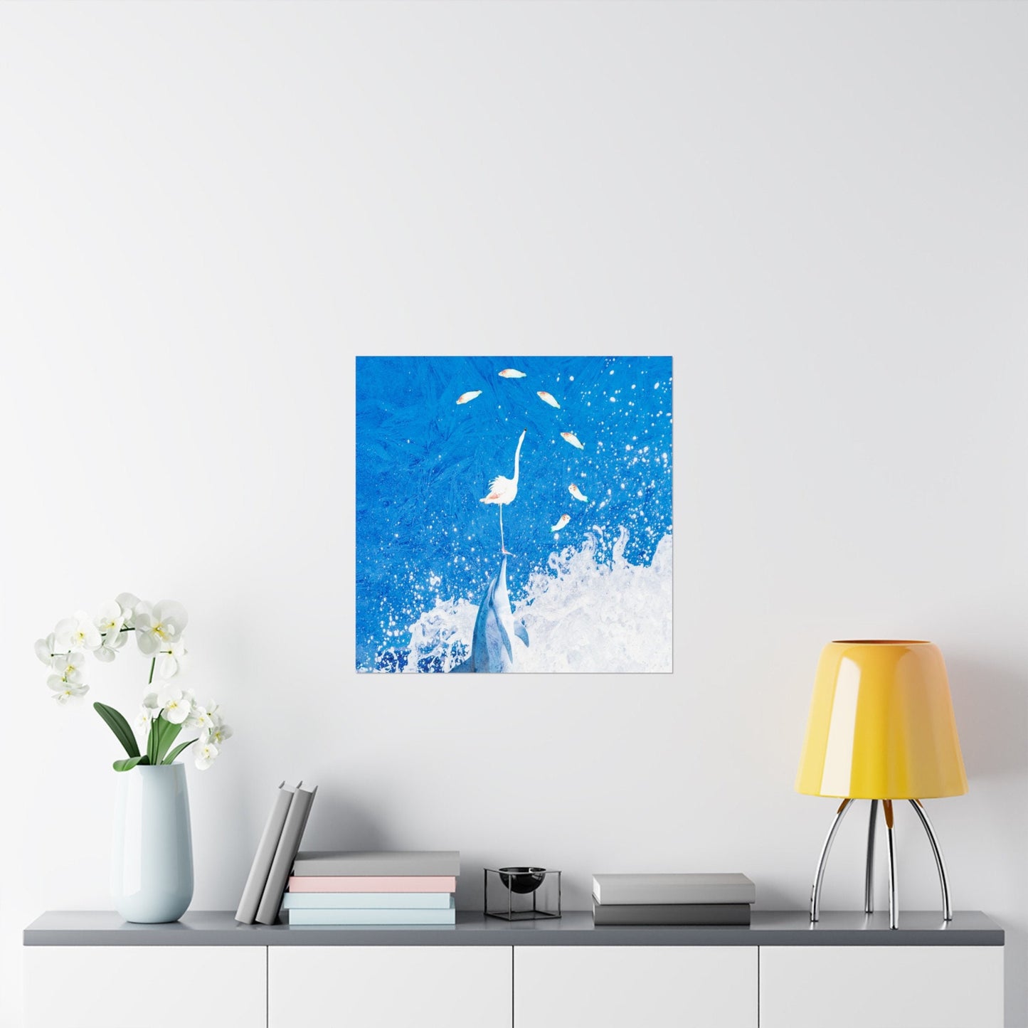 Square Matte Vertical Posters, Finn, Feathers & Flying Fish, dorm rooms, college, office, bathrooms, lanai, airbnb, dolphin, flamingo, fish