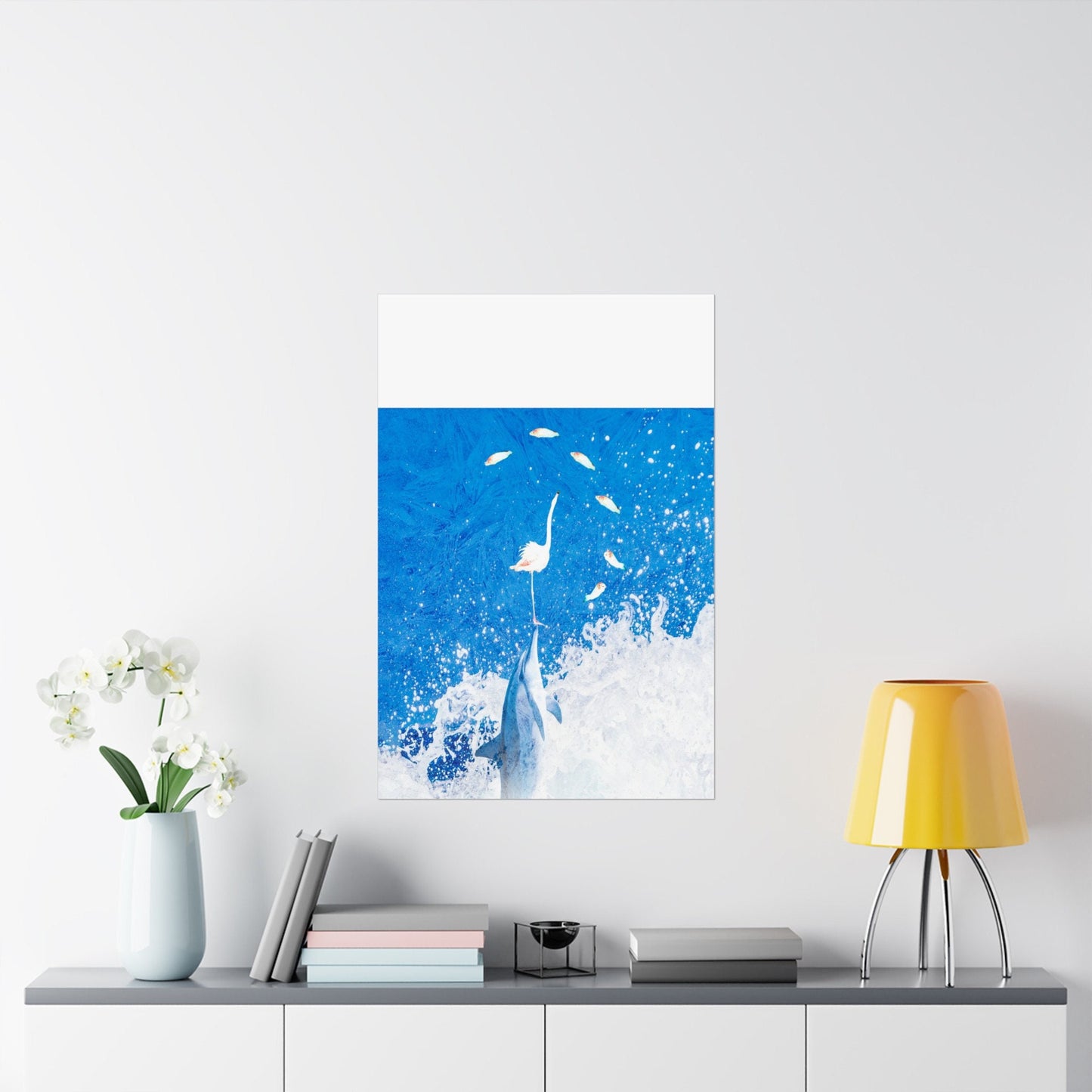 Square Matte Vertical Posters, Finn, Feathers & Flying Fish, dorm rooms, college, office, bathrooms, lanai, airbnb, dolphin, flamingo, fish