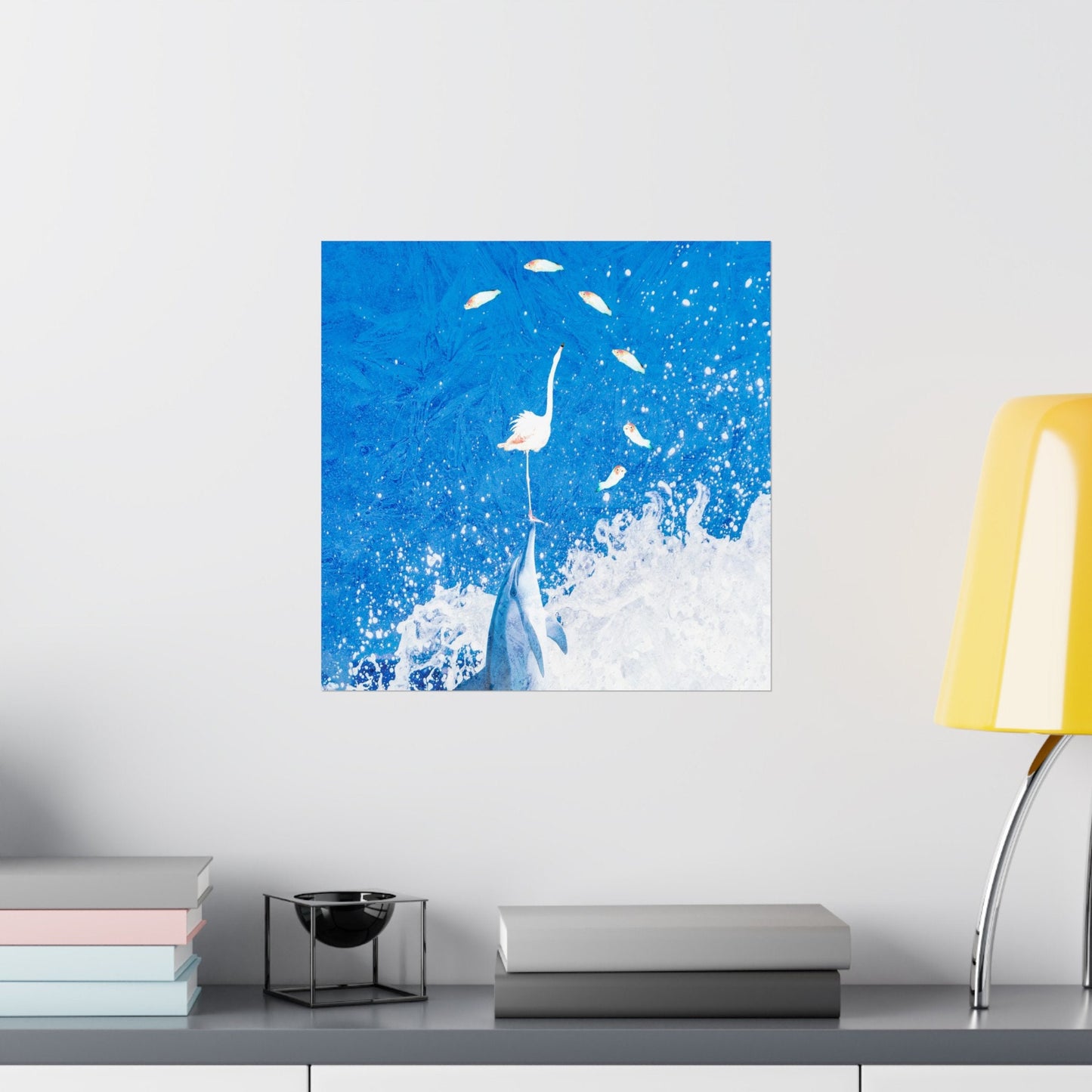 Square Matte Vertical Posters, Finn, Feathers & Flying Fish, dorm rooms, college, office, bathrooms, lanai, airbnb, dolphin, flamingo, fish