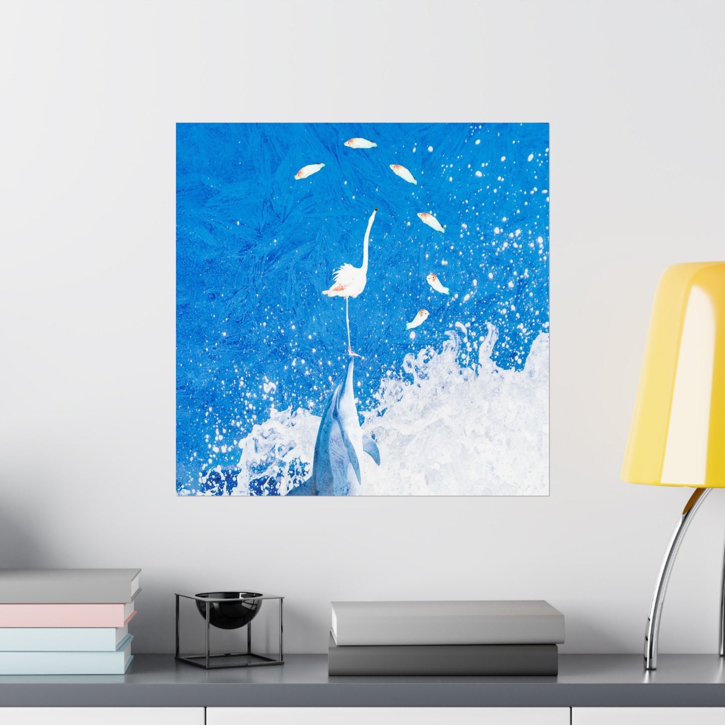 Square Matte Vertical Posters, Finn, Feathers & Flying Fish, dorm rooms, college, office, bathrooms, lanai, airbnb, dolphin, flamingo, fish