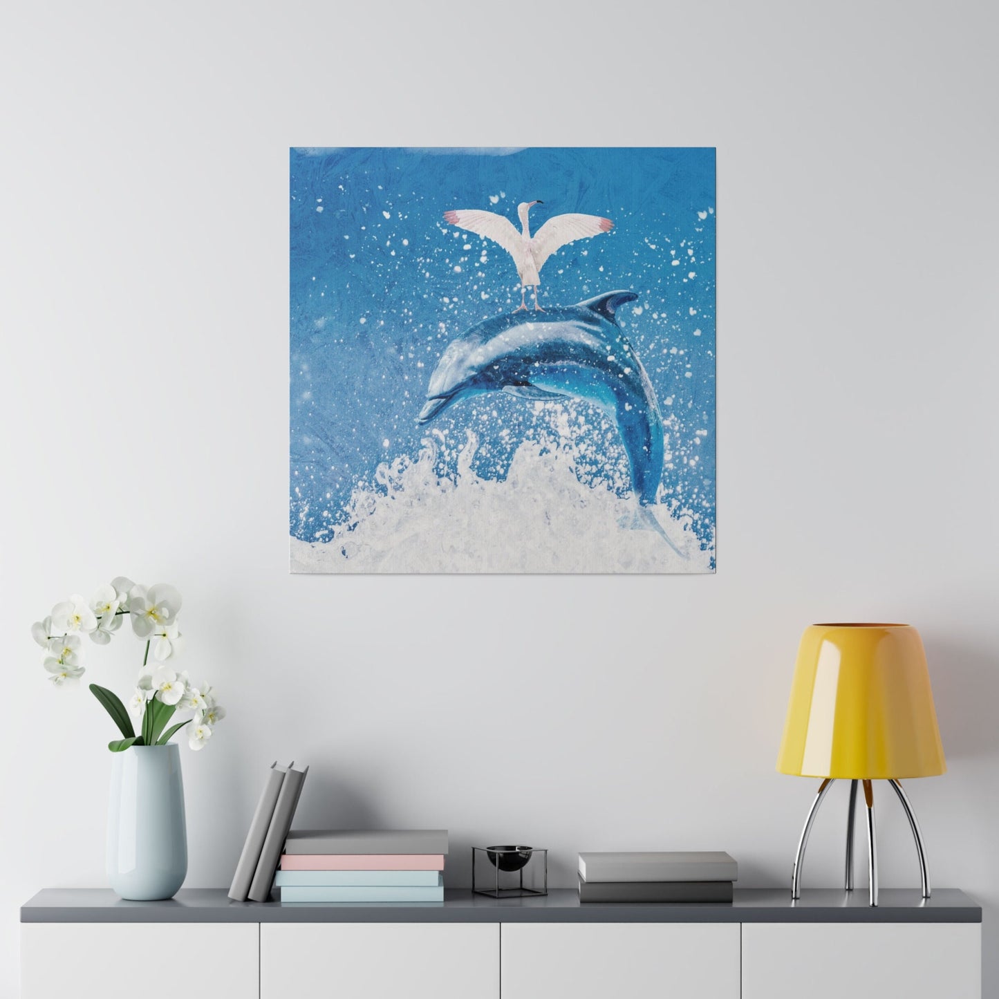Square Matte Canvas, Stretched, 0.75", Finn & Feathers Go Surfing, beach house, home, lanai, dorm room, gift, wall art, dolphin, flamingo