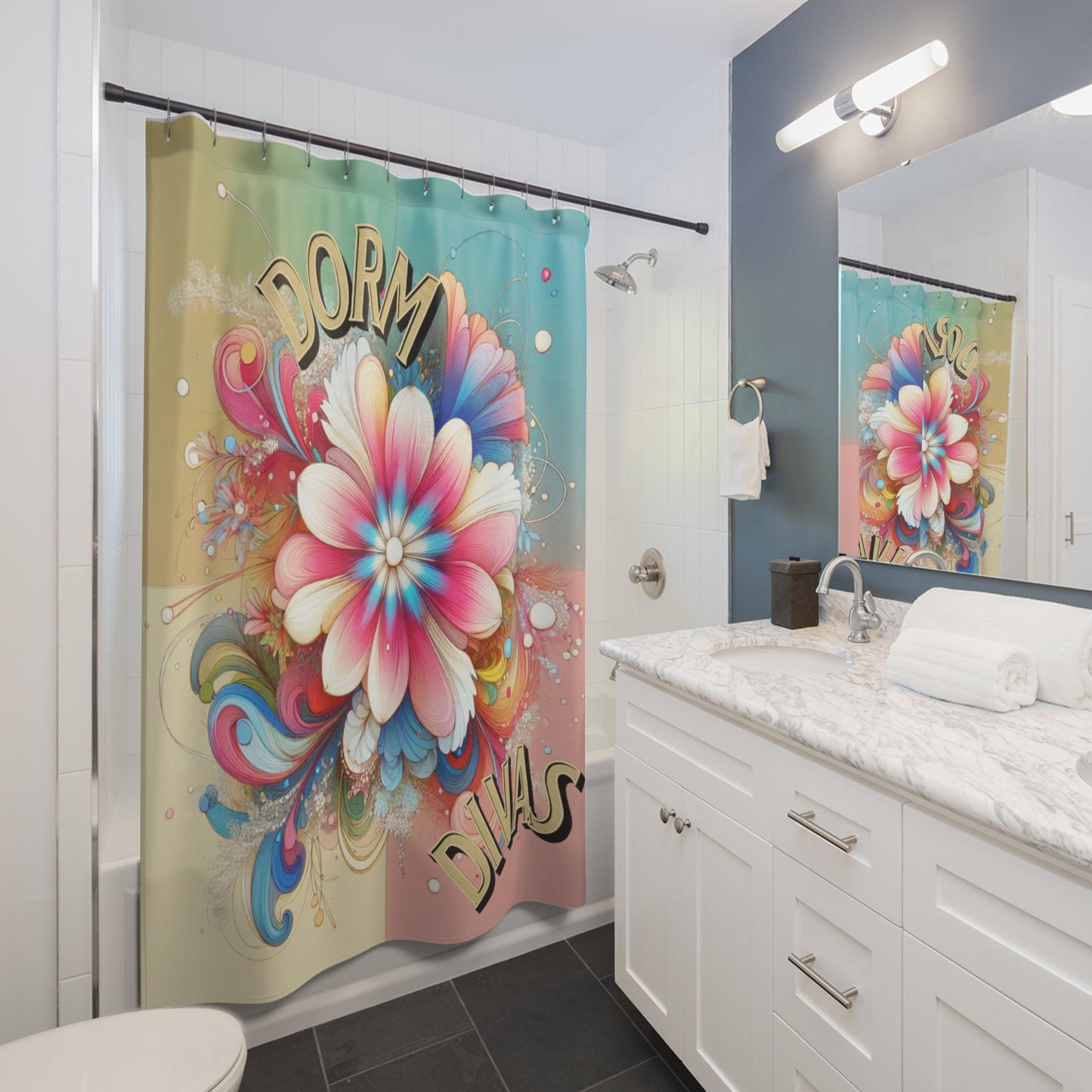 Colorful Dorm Diva Shower Curtains, floral, colorful, fun, elegant,