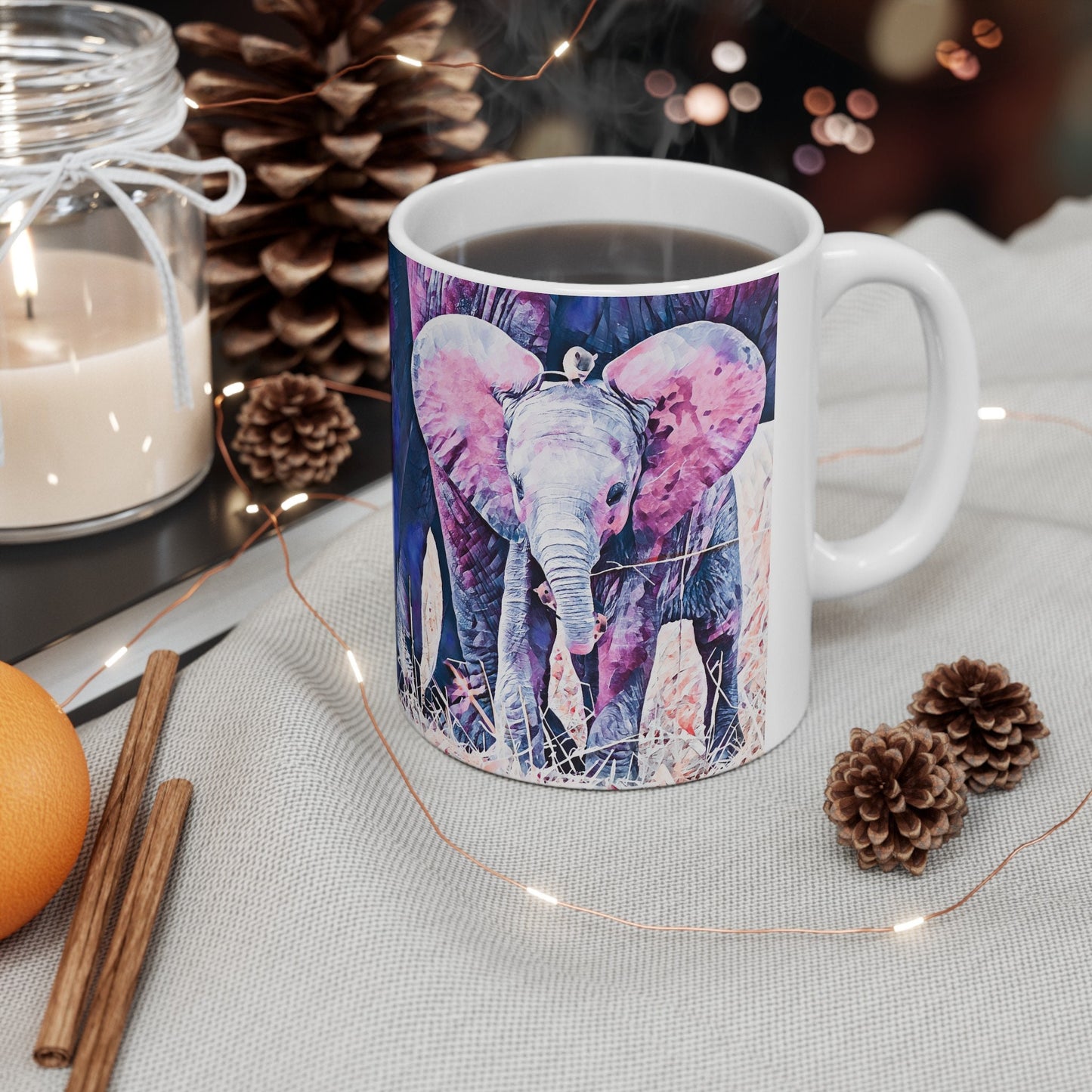Ella & Mousie Ceramic Mug, (11oz, 15oz), elephant, mice, coffee, cocoa, office, gift,