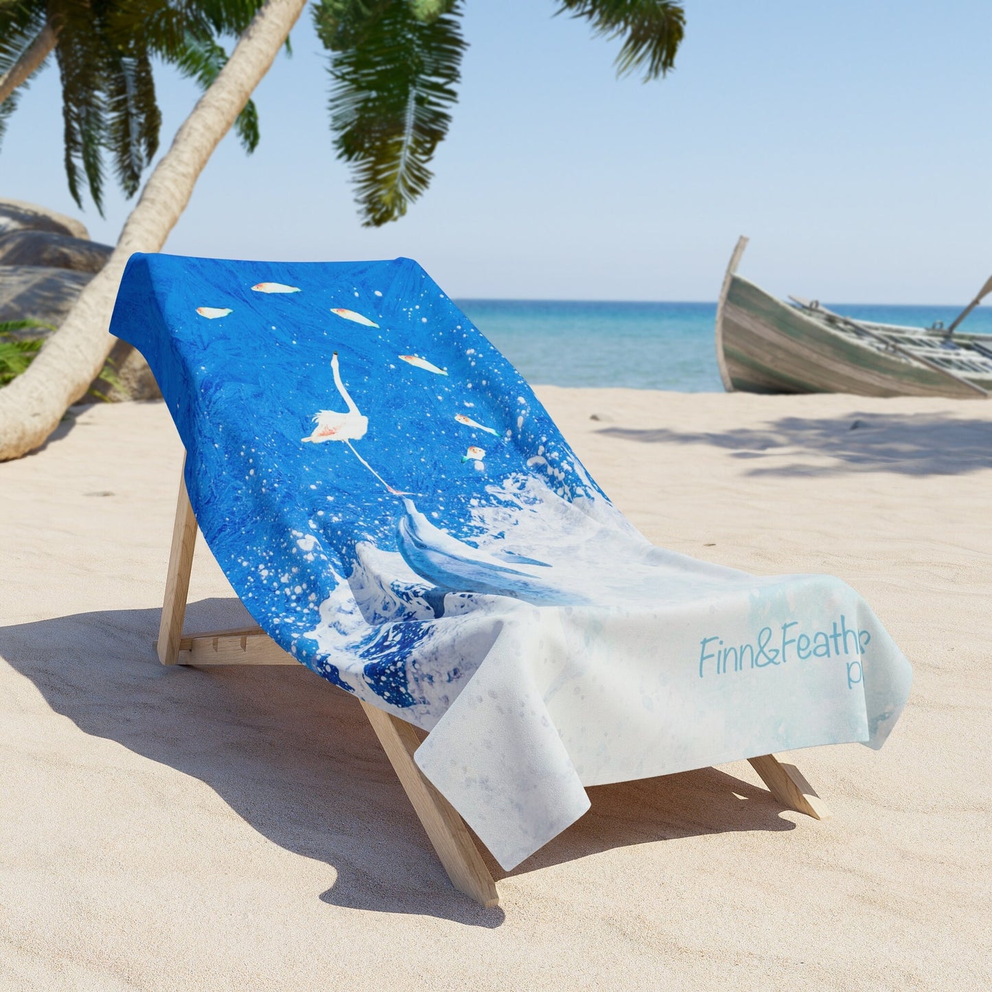 Beach Towel, Finn & Feathers watching flying fish, dolphin, flamingo, ocean, fish, sailing, pool, water sports
