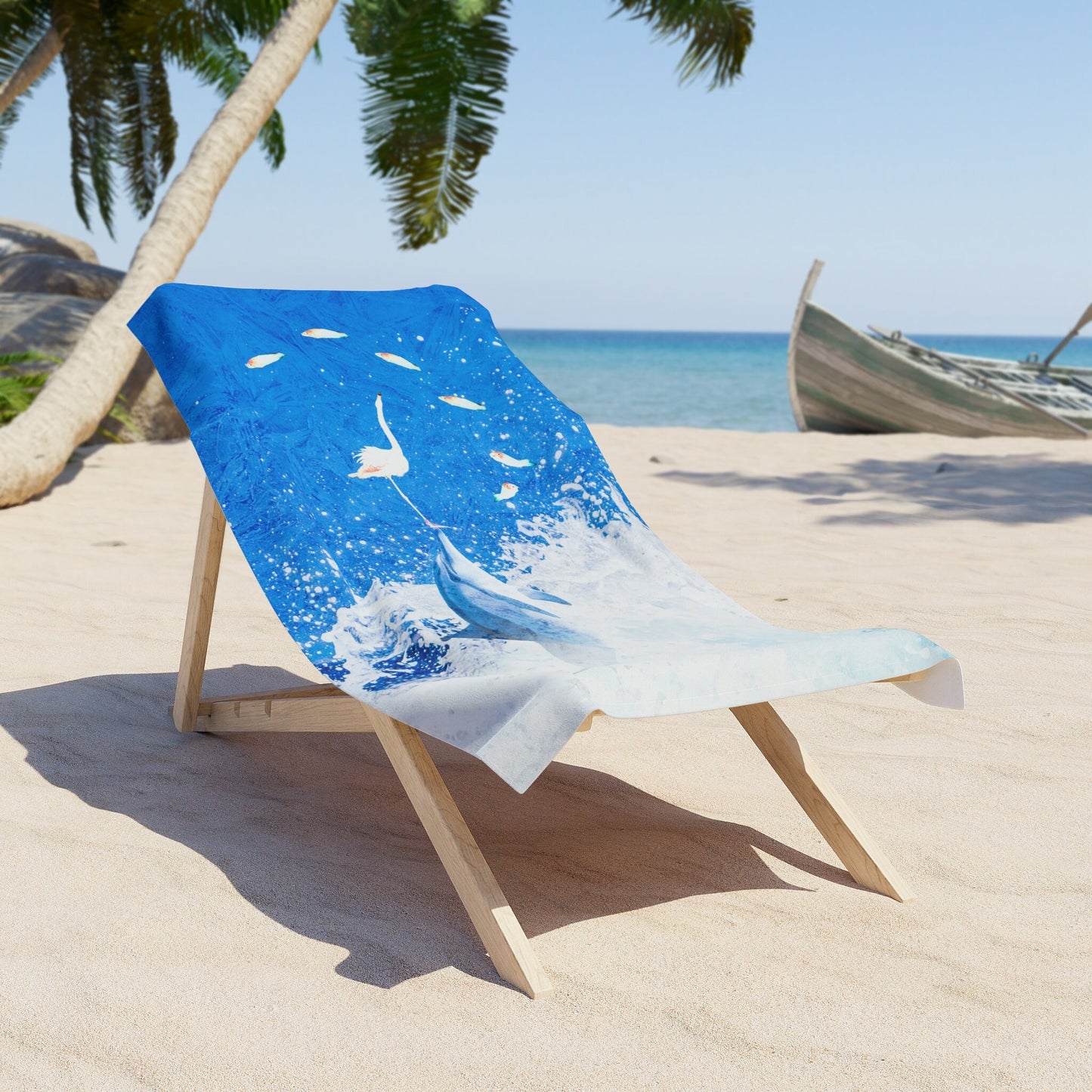 Beach Towel, Finn & Feathers watching flying fish, dolphin, flamingo, ocean, fish, sailing, pool, water sports