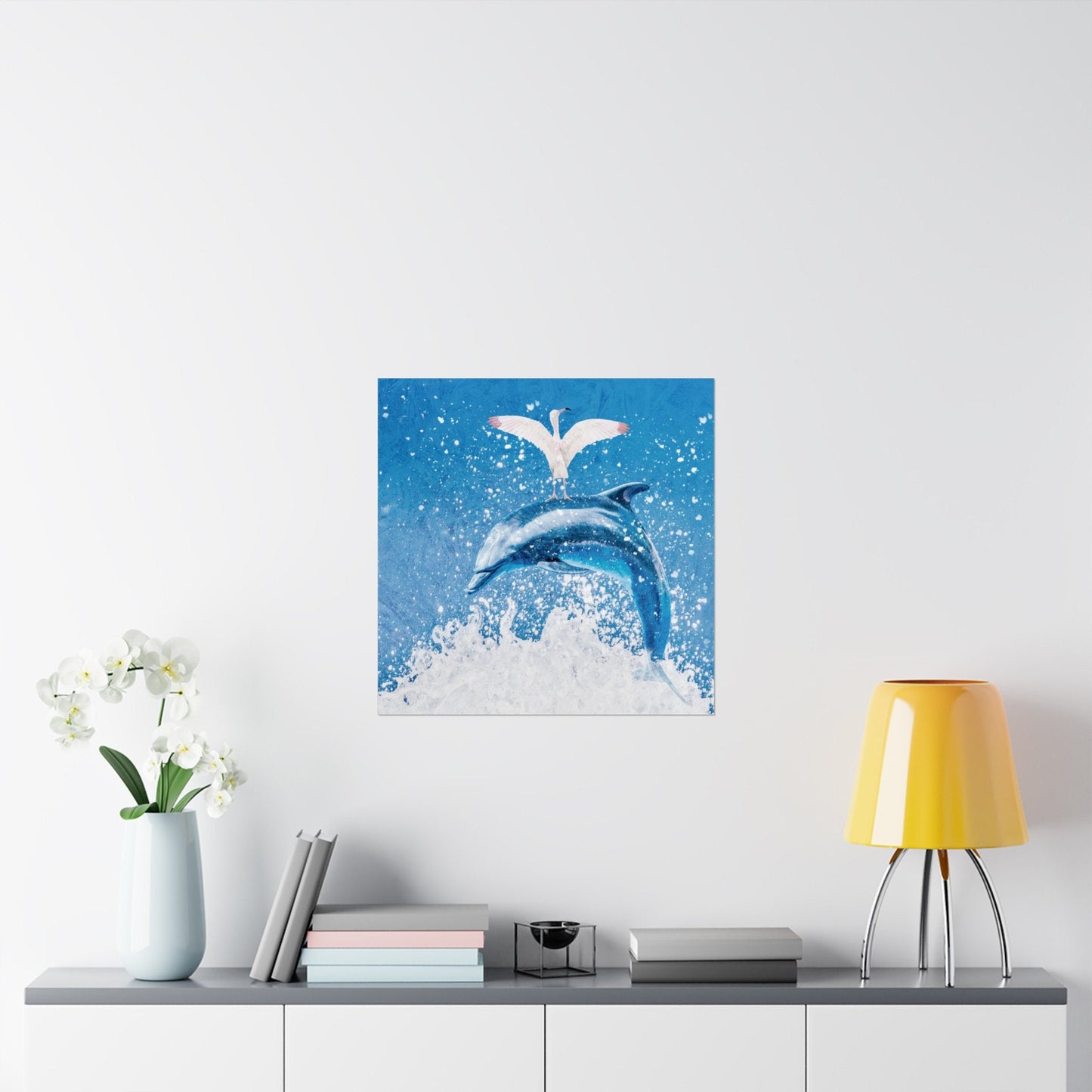 Square Matte Vertical Posters, Finn & Feathers Go Surfing, Dorm Rooms, College, office, airbnb, beach house, bathroom, dolphin, flamingo