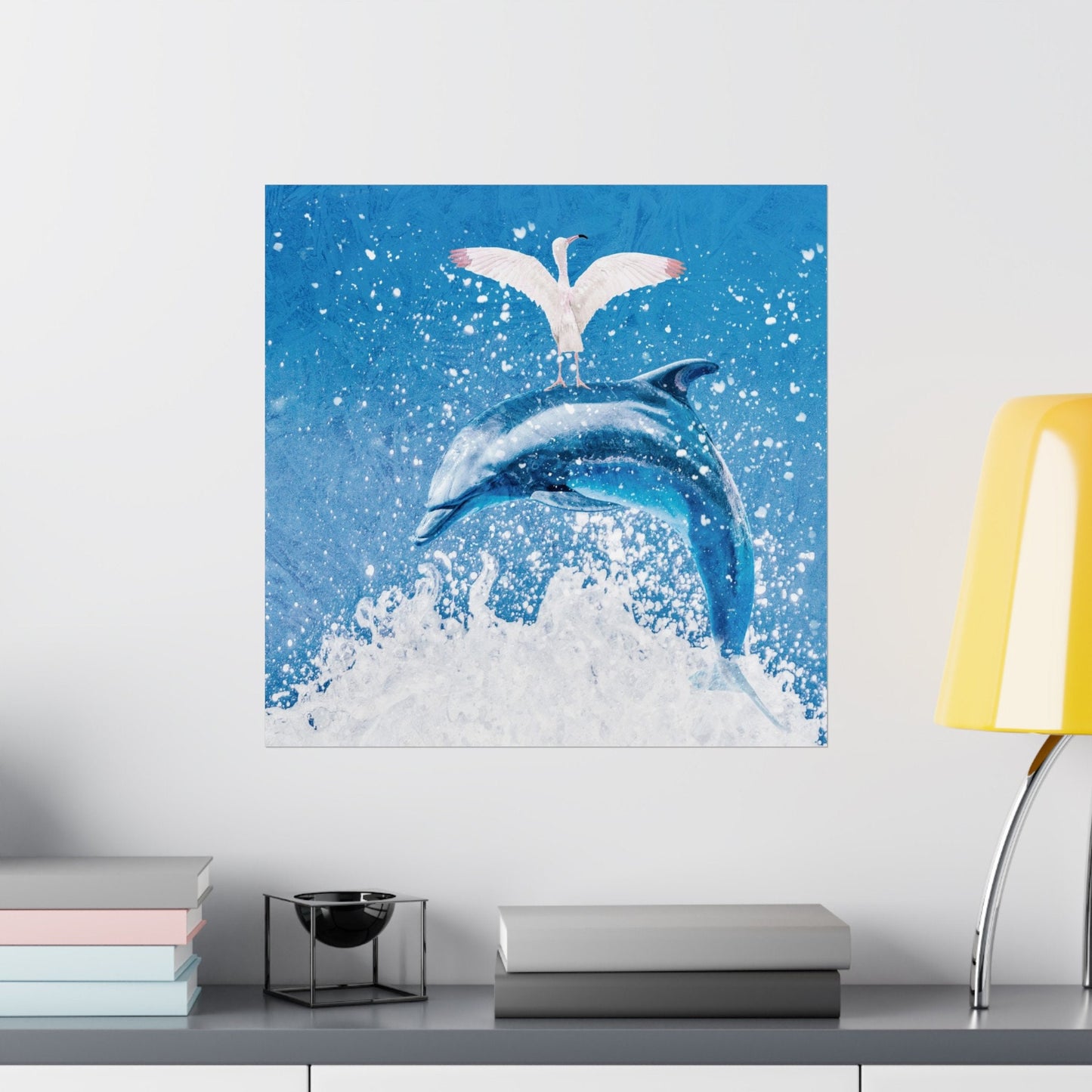Square Matte Vertical Posters, Finn & Feathers Go Surfing, Dorm Rooms, College, office, airbnb, beach house, bathroom, dolphin, flamingo