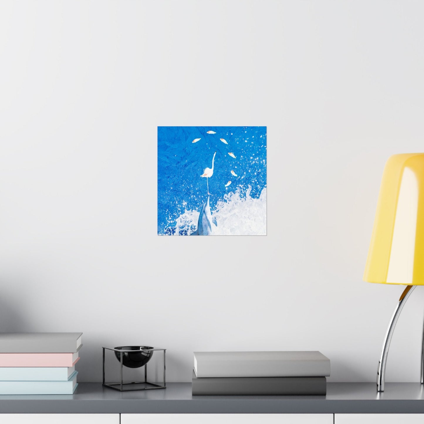 Square Matte Vertical Posters, Finn, Feathers & Flying Fish, dorm rooms, college, office, bathrooms, lanai, airbnb, dolphin, flamingo, fish