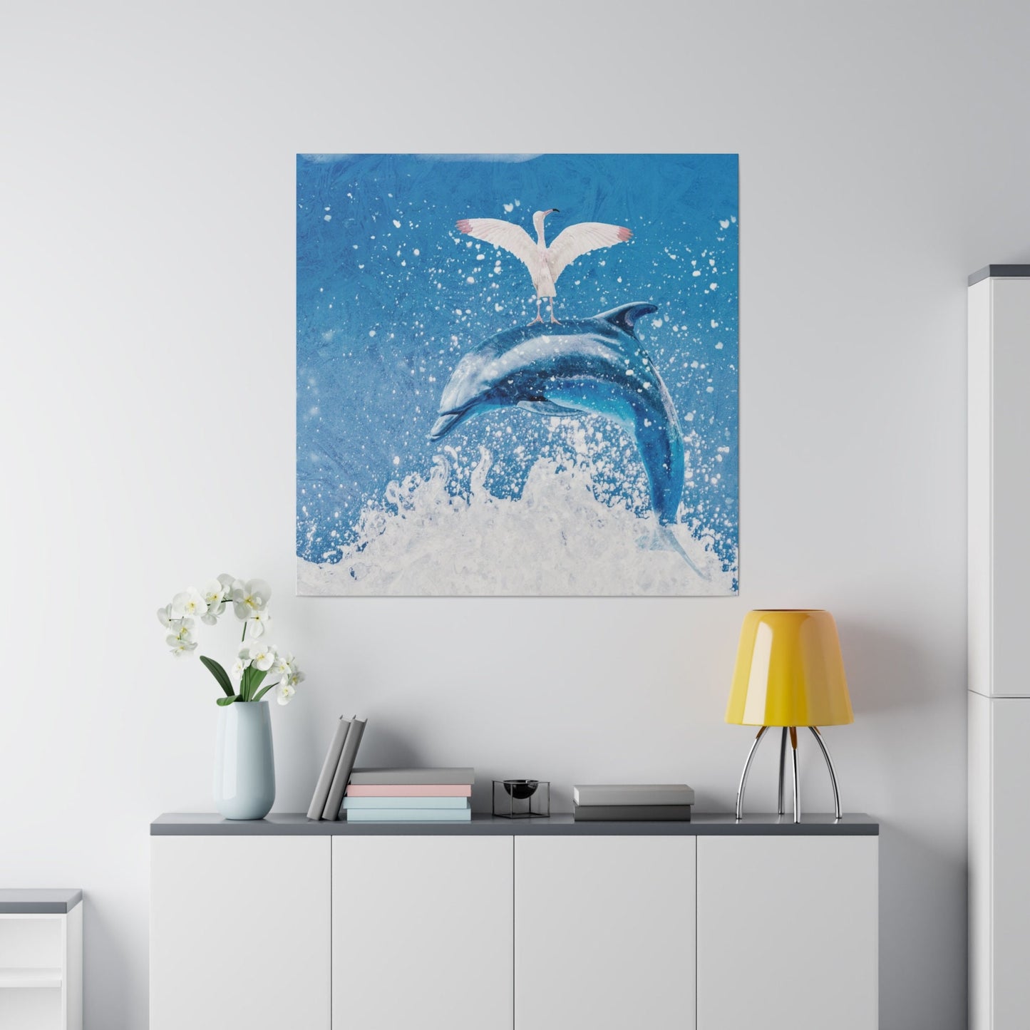 Square Matte Canvas, Stretched, 0.75", Finn & Feathers Go Surfing, beach house, home, lanai, dorm room, gift, wall art, dolphin, flamingo