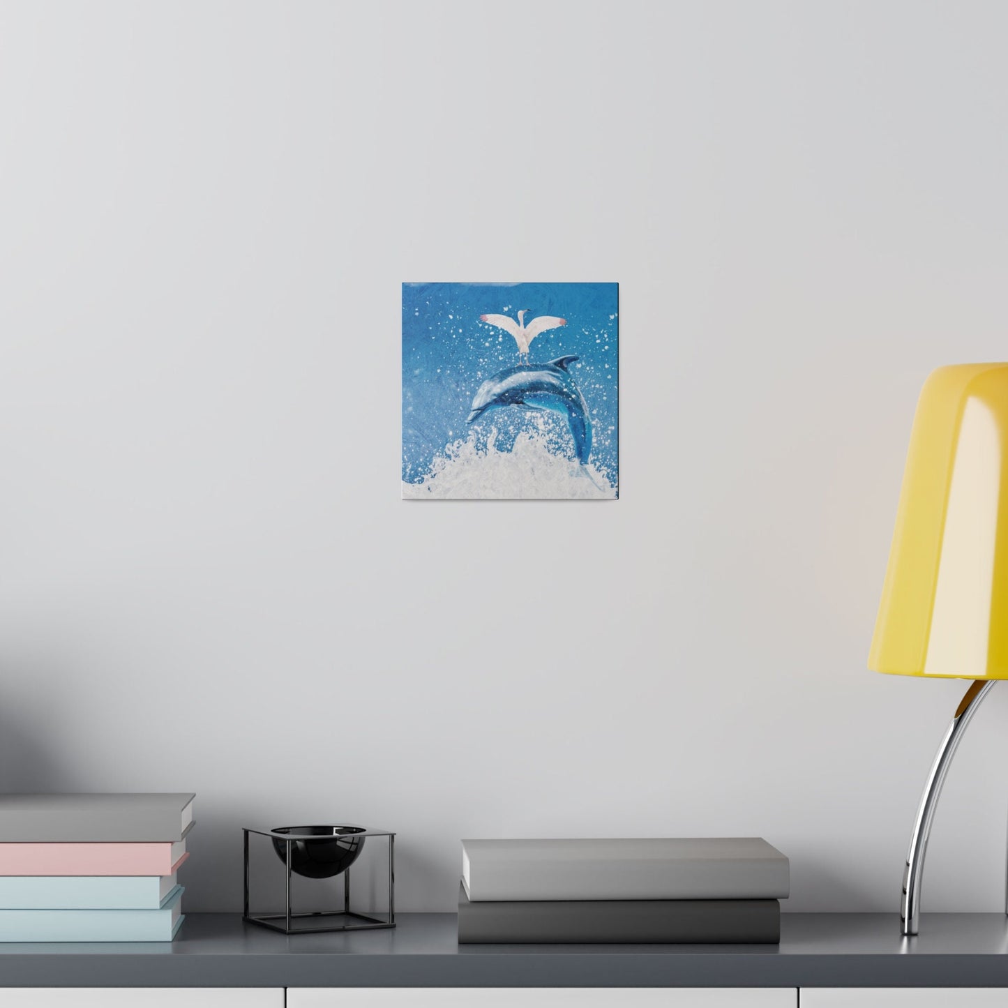 Square Matte Canvas, Stretched, 0.75", Finn & Feathers Go Surfing, beach house, home, lanai, dorm room, gift, wall art, dolphin, flamingo