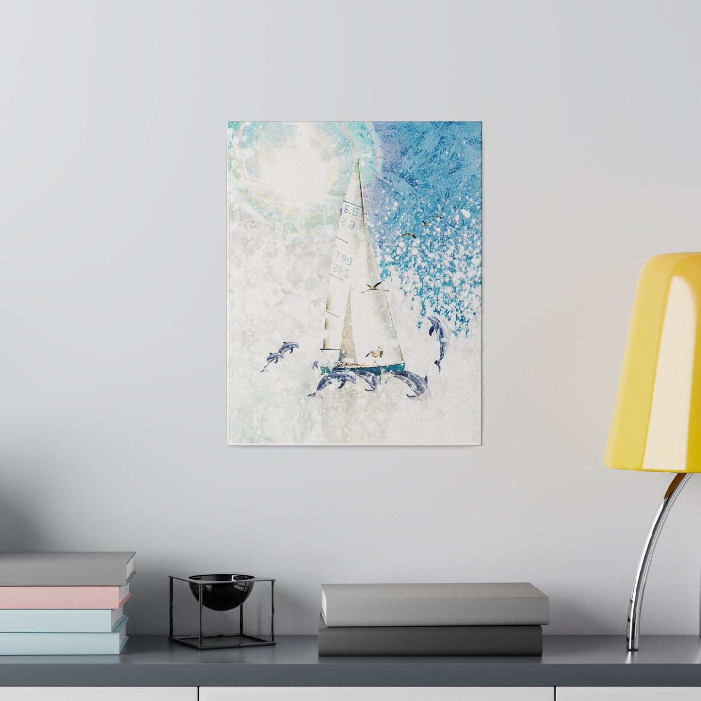Matte Canvas, Stretched, 0.75" A Dophin's Voyage, beach house, home, lanai, dorm room, gift, wall art, dolphin, flamingo, beach, slailing