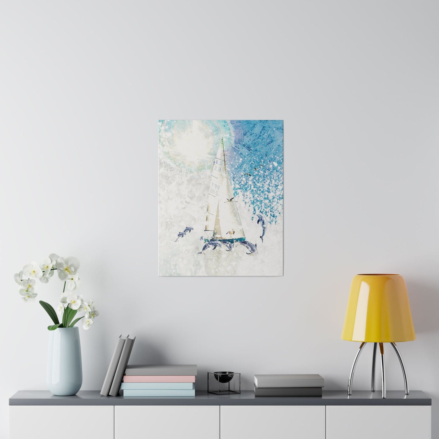 Matte Canvas, Stretched, 0.75" A Dophin's Voyage, beach house, home, lanai, dorm room, gift, wall art, dolphin, flamingo, beach, slailing