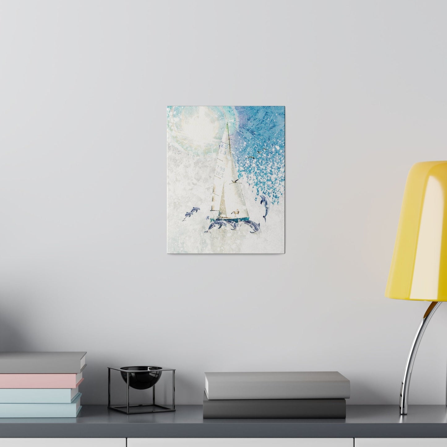 Matte Canvas, Stretched, 0.75" A Dophin's Voyage, beach house, home, lanai, dorm room, gift, wall art, dolphin, flamingo, beach, slailing