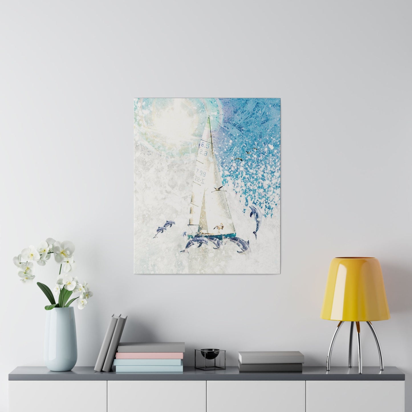 Matte Canvas, Stretched, 0.75" A Dophin's Voyage, beach house, home, lanai, dorm room, gift, wall art, dolphin, flamingo, beach, slailing