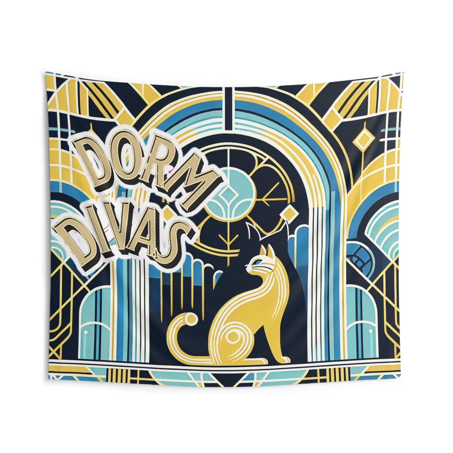 Dorm Divas art deco Indoor Wall Tapestries, golds, blues, blacks, cat, perfect for a dorm room
