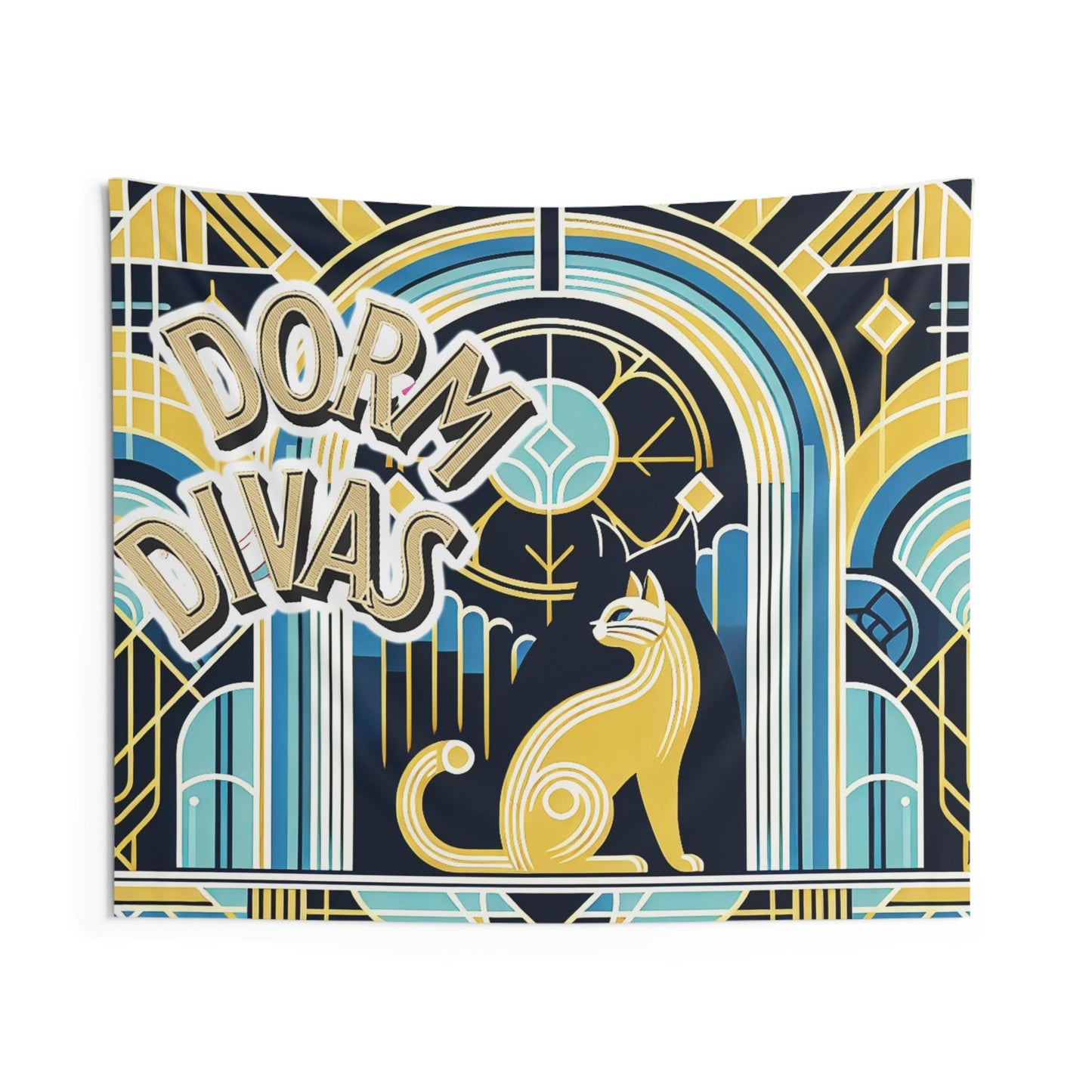 Dorm Divas art deco Indoor Wall Tapestries, golds, blues, blacks, cat, perfect for a dorm room