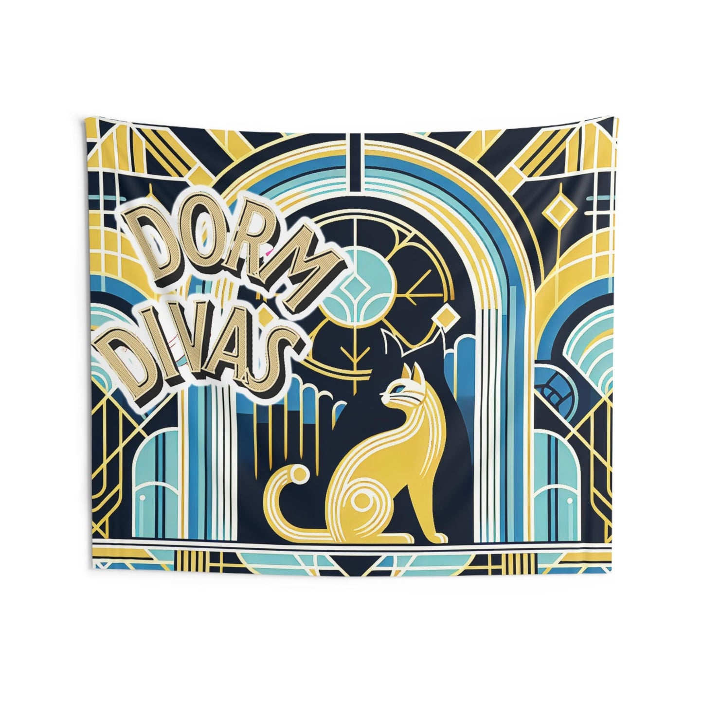 Dorm Divas art deco Indoor Wall Tapestries, golds, blues, blacks, cat, perfect for a dorm room