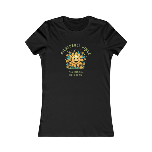 Women’s Fitted Pickleball Tee – ‘Pickleball Vibe, All Dinks No Drama’ Sun and Flowers Design