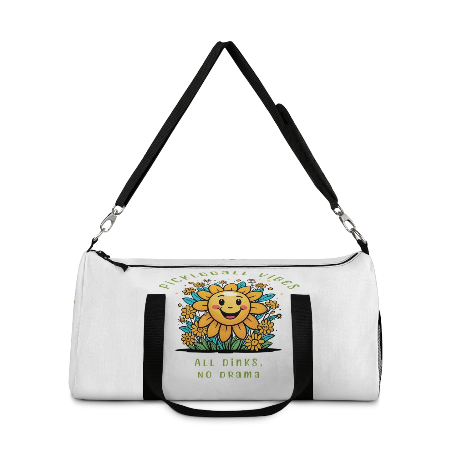 Pickleball Duffle Bag – ‘Pickleball Vibe, All Dinks No Drama’ Sun and Flowers Design Duffel Bag