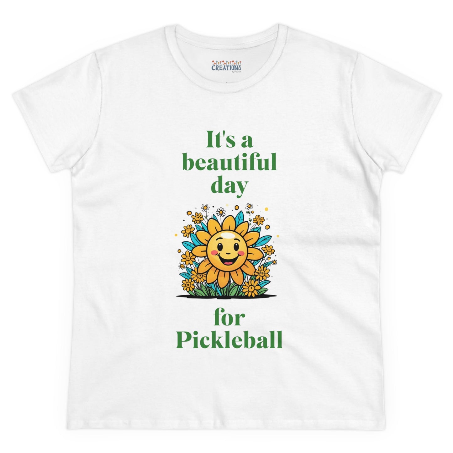 Women's Midweight Cotton Tee featuring a cheerful sun surrounded by flowers and the uplifting words, "It's a beautiful day for pickleball."