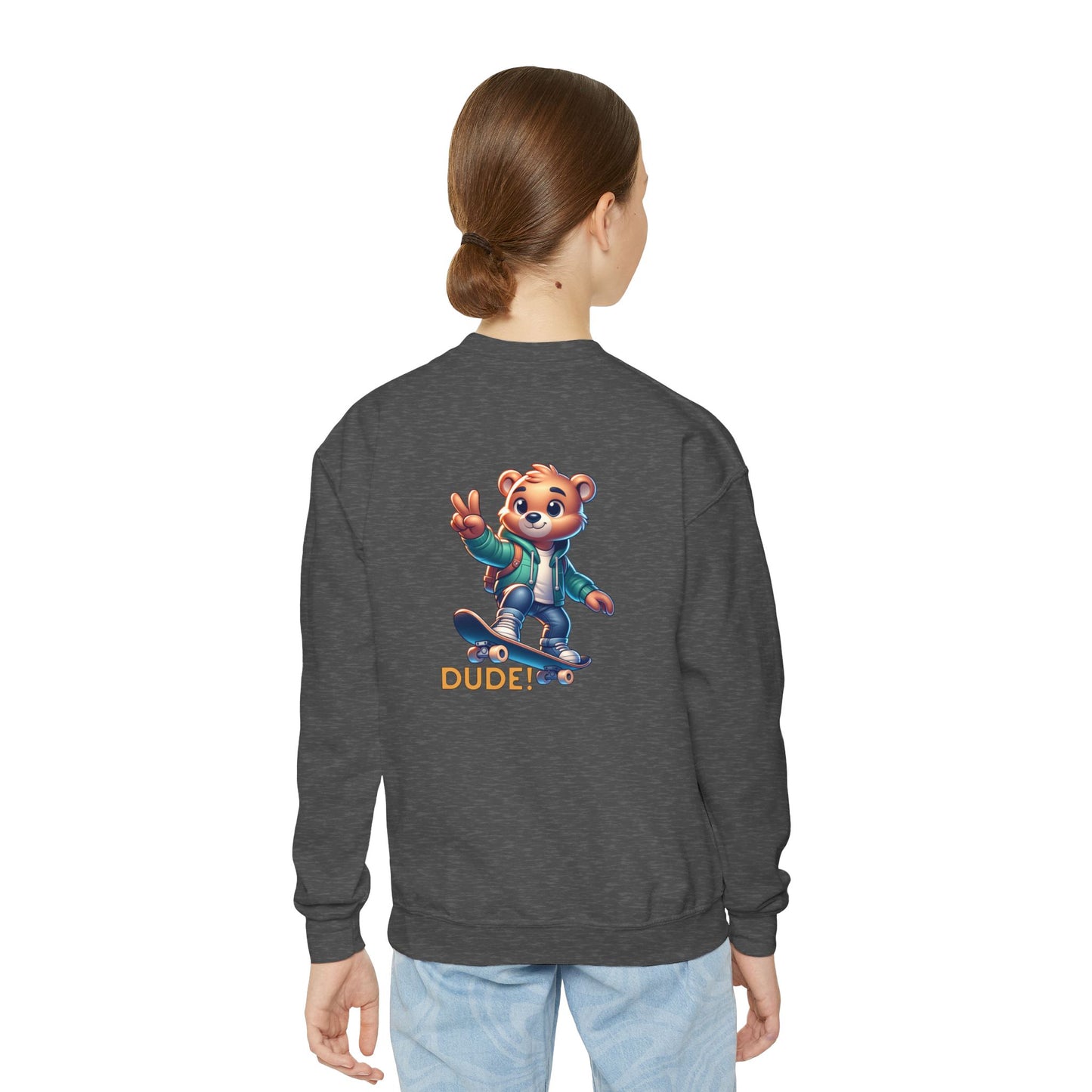 Bear Skateboard Youth Crewneck Sweatshirt with 'DUDE'