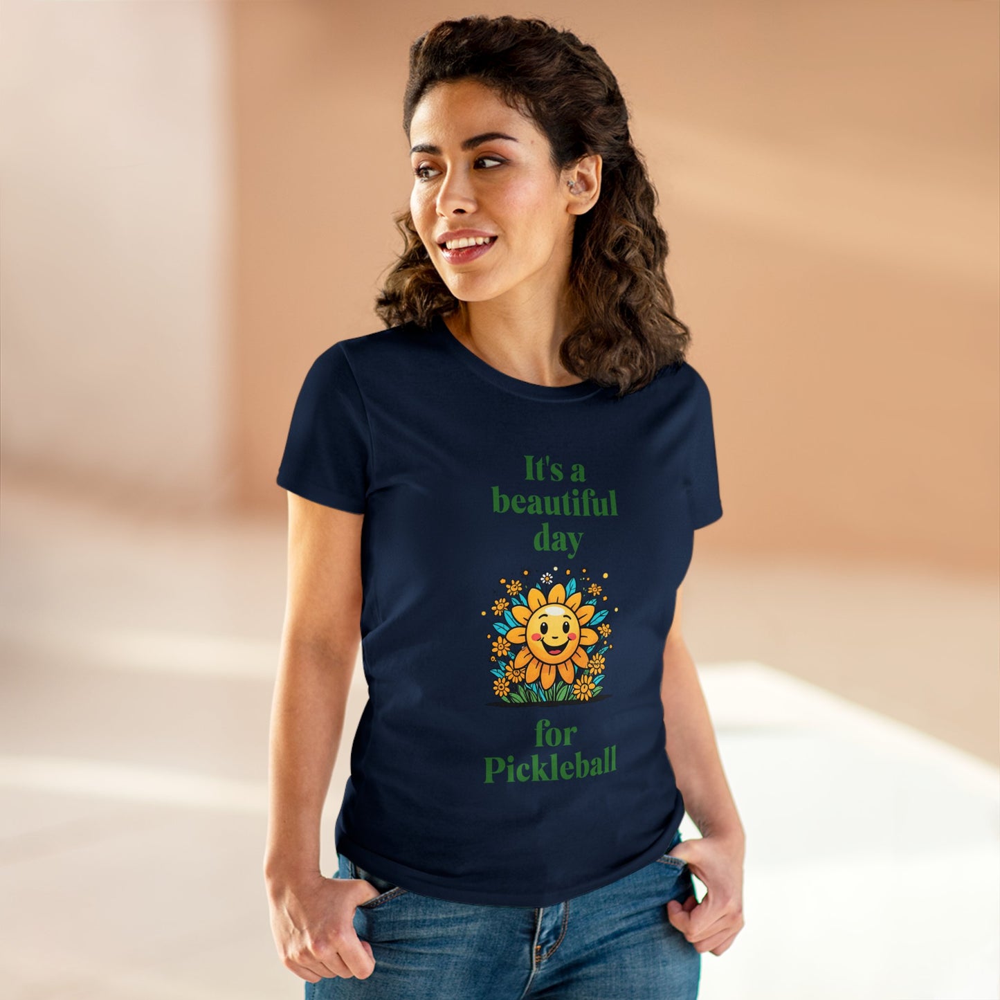 Women's Midweight Cotton Tee featuring a cheerful sun surrounded by flowers and the uplifting words, "It's a beautiful day for pickleball."