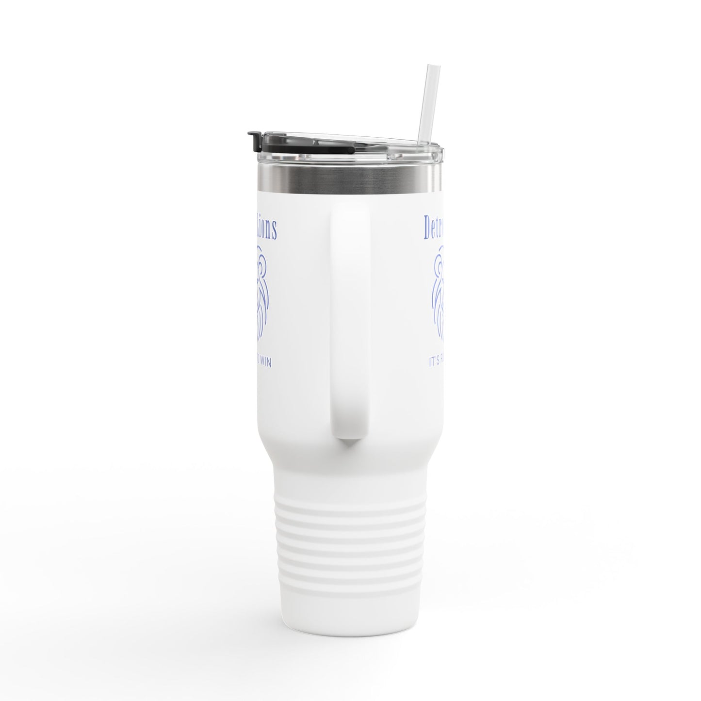 Travel Mug features a quote, "Detroit Lions, It's Fun to Win"