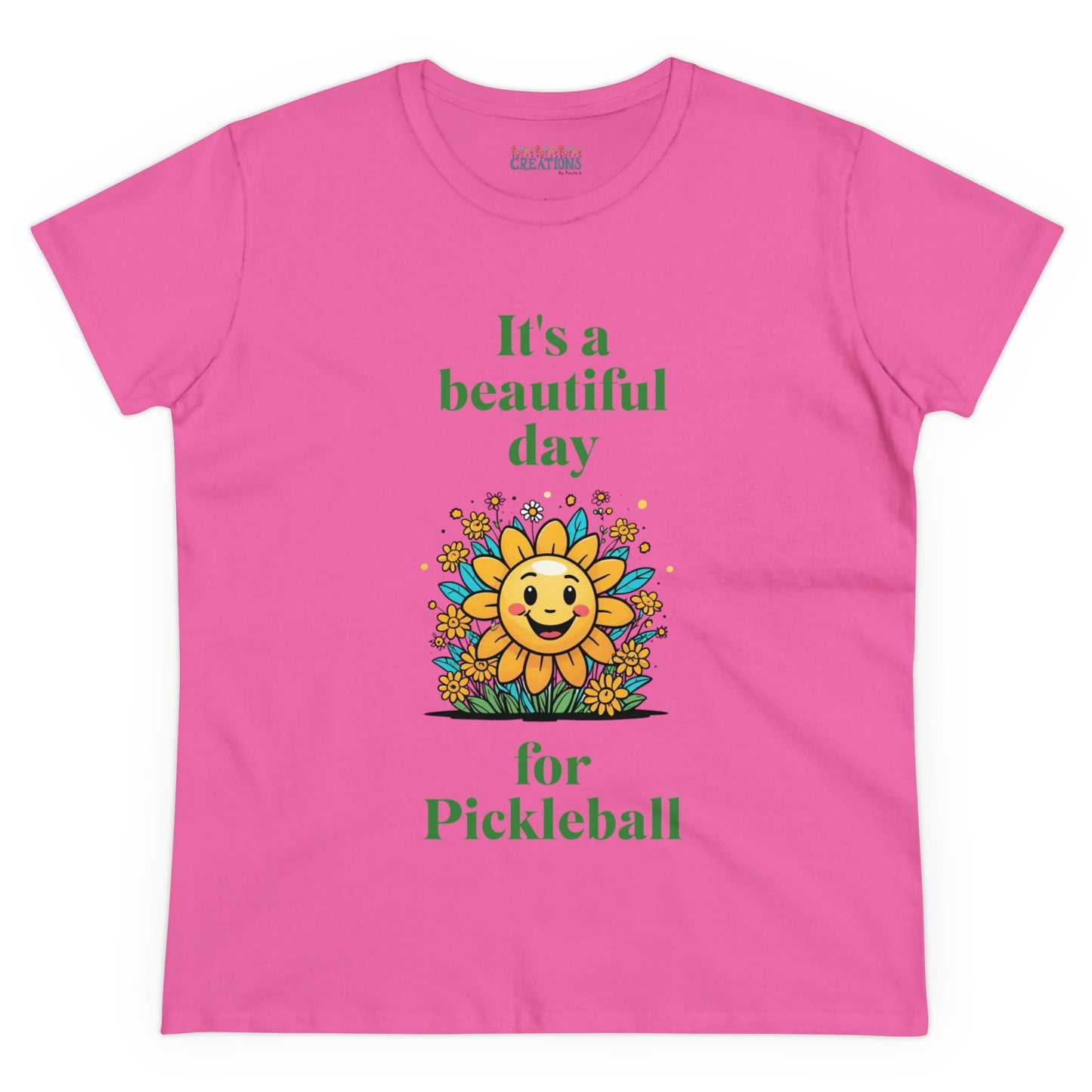 Women's Midweight Cotton Tee featuring a cheerful sun surrounded by flowers and the uplifting words, "It's a beautiful day for pickleball."