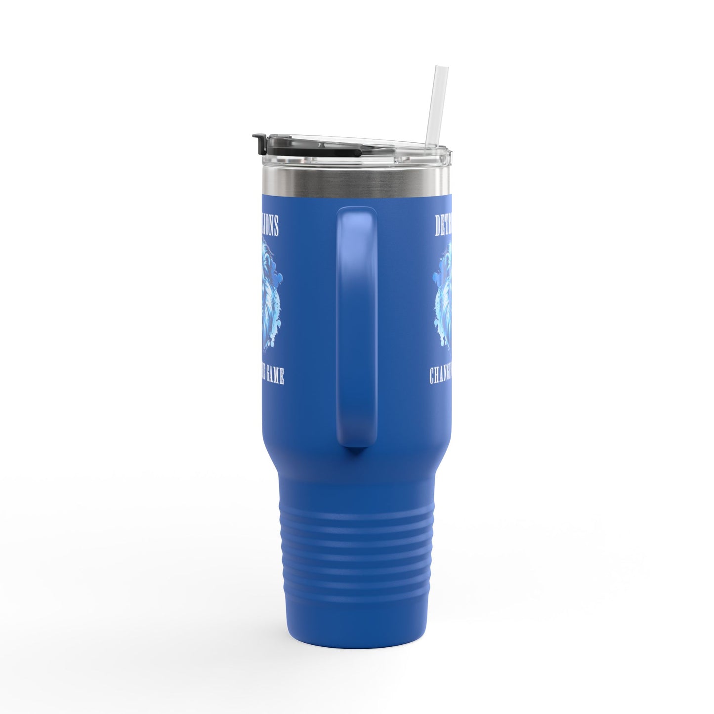 Travel Mug features a quote, "Detroit Lions, Changing the Game"
