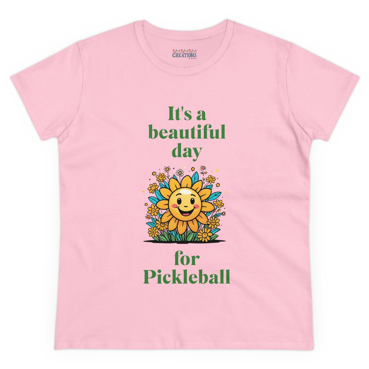 Women's Midweight Cotton Tee featuring a cheerful sun surrounded by flowers and the uplifting words, "It's a beautiful day for pickleball."