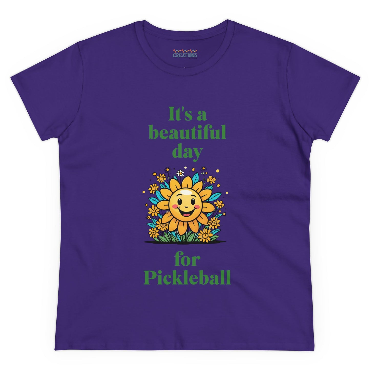 Women's Midweight Cotton Tee featuring a cheerful sun surrounded by flowers and the uplifting words, "It's a beautiful day for pickleball."