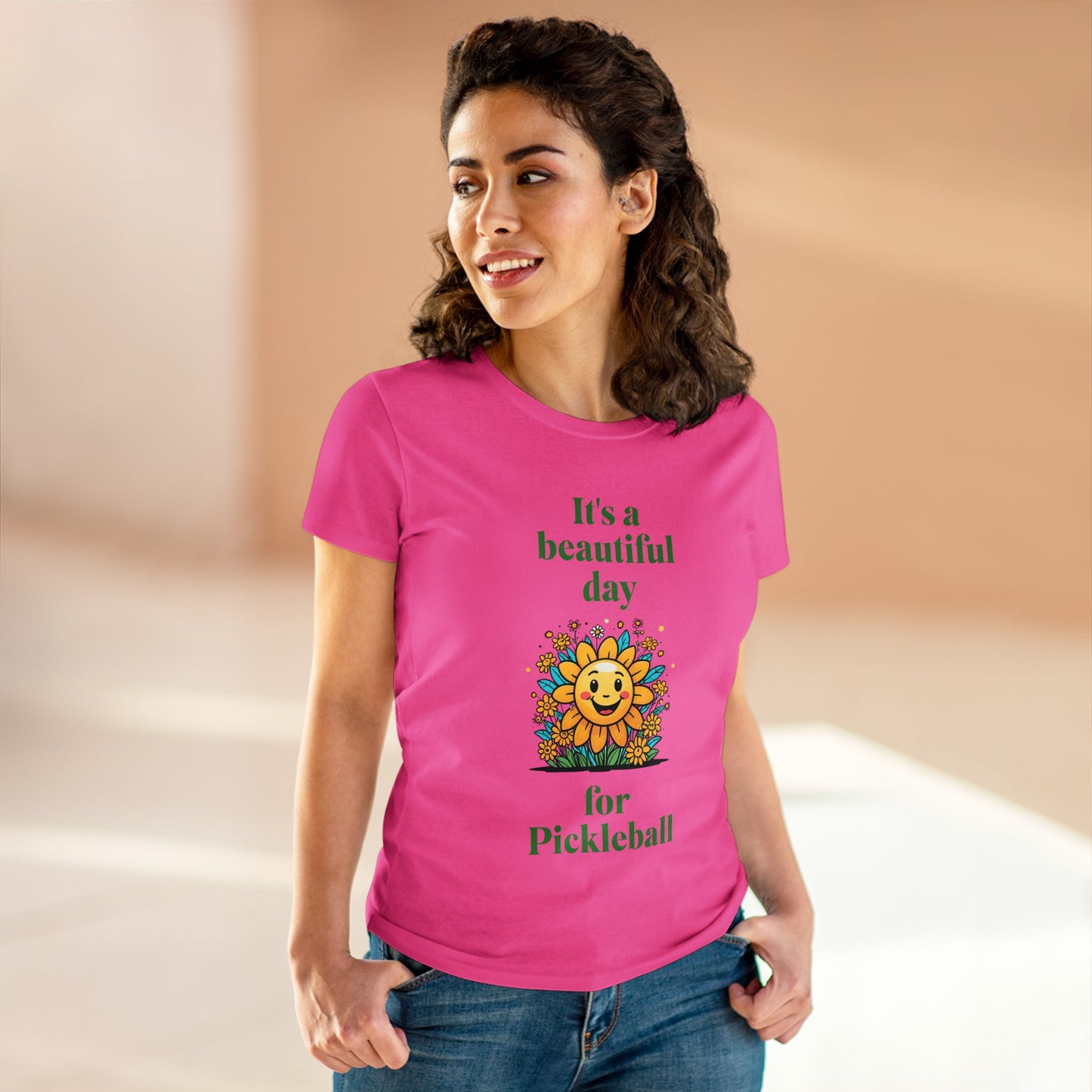 Women's Midweight Cotton Tee featuring a cheerful sun surrounded by flowers and the uplifting words, "It's a beautiful day for pickleball."