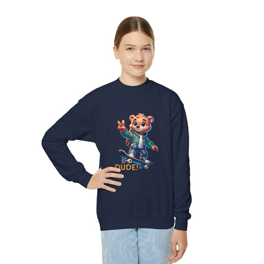 Bear Skateboard Youth Crewneck Sweatshirt with 'DUDE'