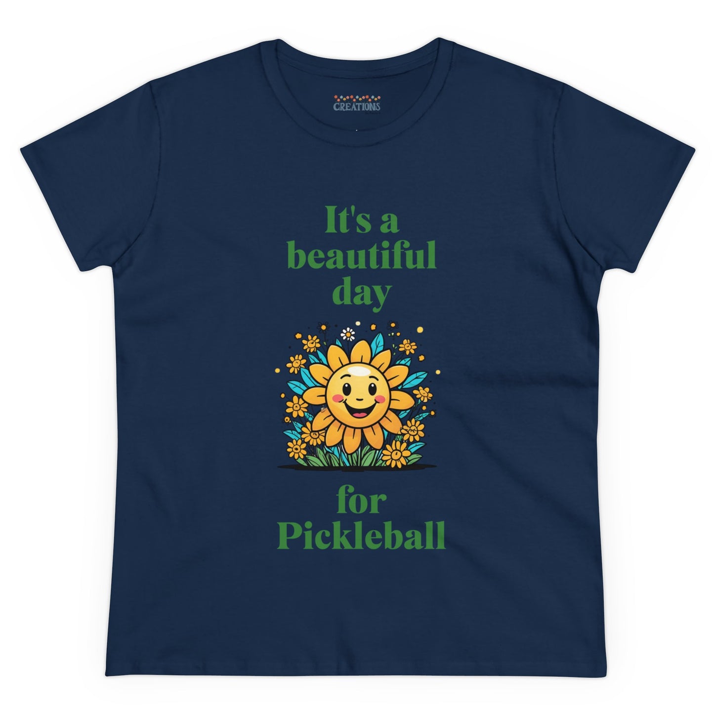 Women's Midweight Cotton Tee featuring a cheerful sun surrounded by flowers and the uplifting words, "It's a beautiful day for pickleball."