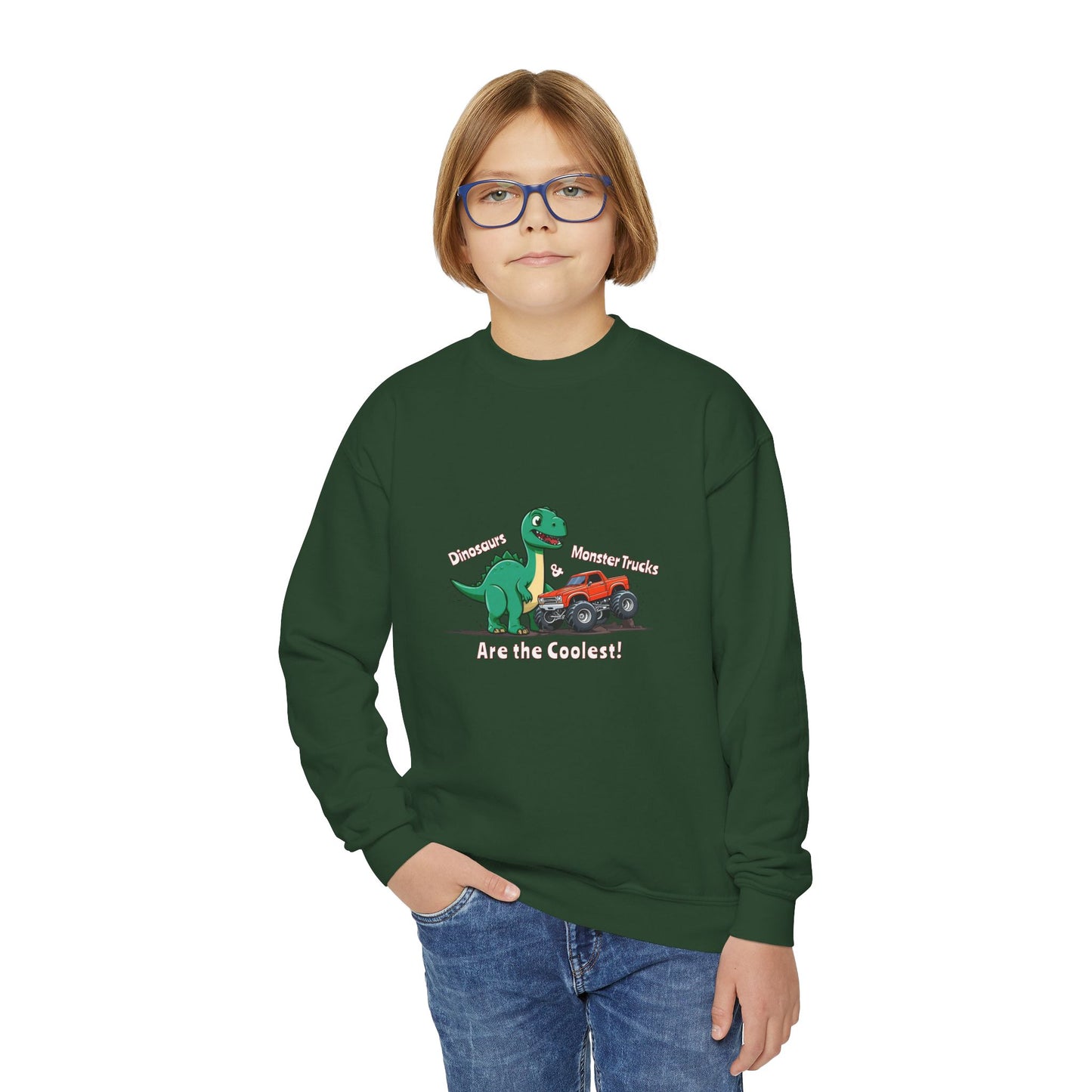 Dinosaurs & Monster Trucks Are the Coolest  Youth Crewneck Sweatshirt