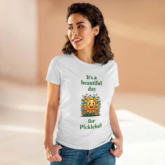 Women's Midweight Cotton Tee featuring a cheerful sun surrounded by flowers and the uplifting words, "It's a beautiful day for pickleball."