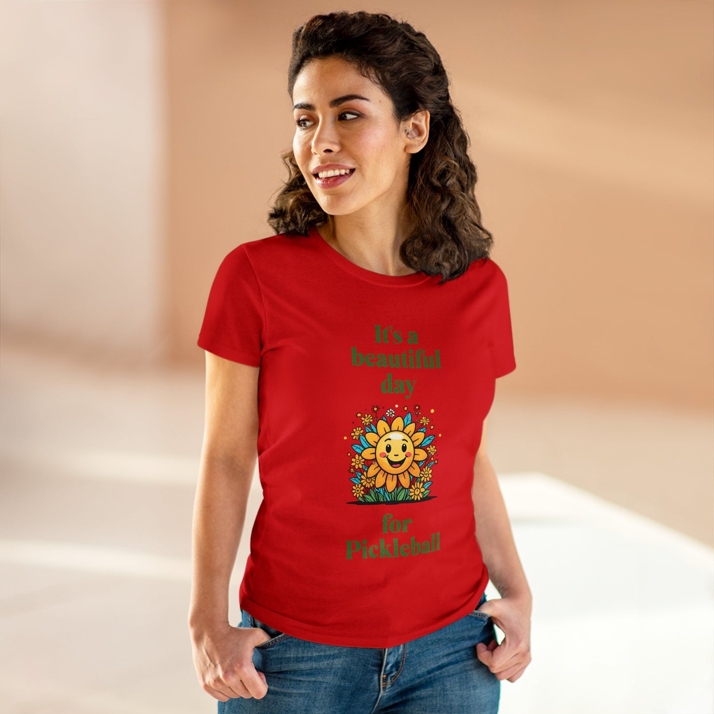 Women's Midweight Cotton Tee featuring a cheerful sun surrounded by flowers and the uplifting words, "It's a beautiful day for pickleball."