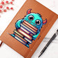 "Elegant Leather Journal – Cute Monster with Stack of Books Design"