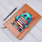 "Elegant Leather Journal – Cute Monster with Stack of Books Design"