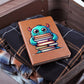 "Elegant Leather Journal – Cute Monster with Stack of Books Design"