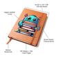 "Elegant Leather Journal – Cute Monster with Stack of Books Design"