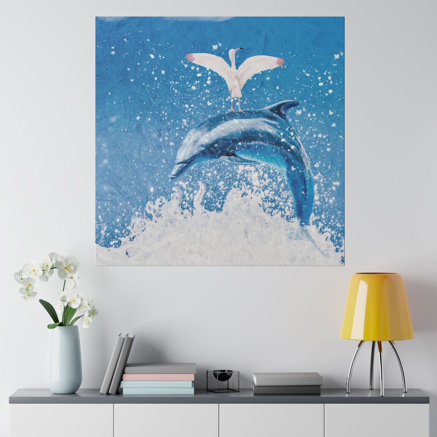 Square Matte Canvas, Stretched, 0.75", Finn & Feathers Go Surfing, beach house, home, lanai, dorm room, gift, wall art, dolphin, flamingo